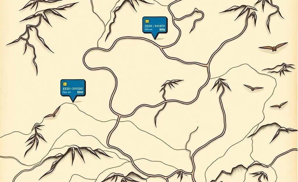 Hand-drawn style map with winding roads and credit card icons