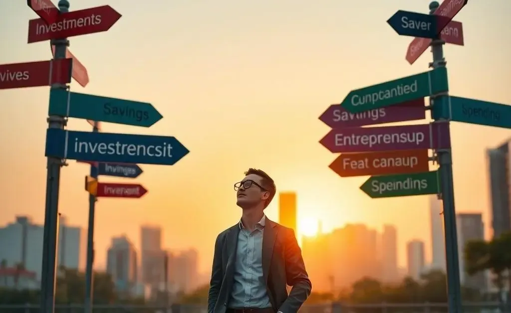A person standing at a crossroads with signs pointing in multiple financial directions, looking contemplative.