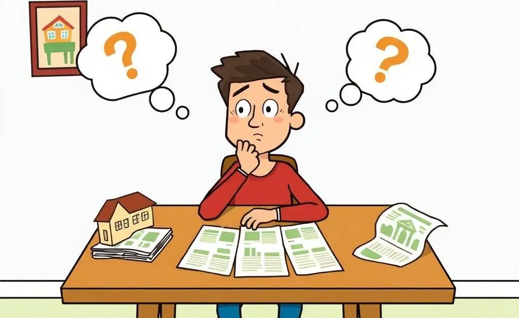 A person sitting with house listings spread out, thinking hard