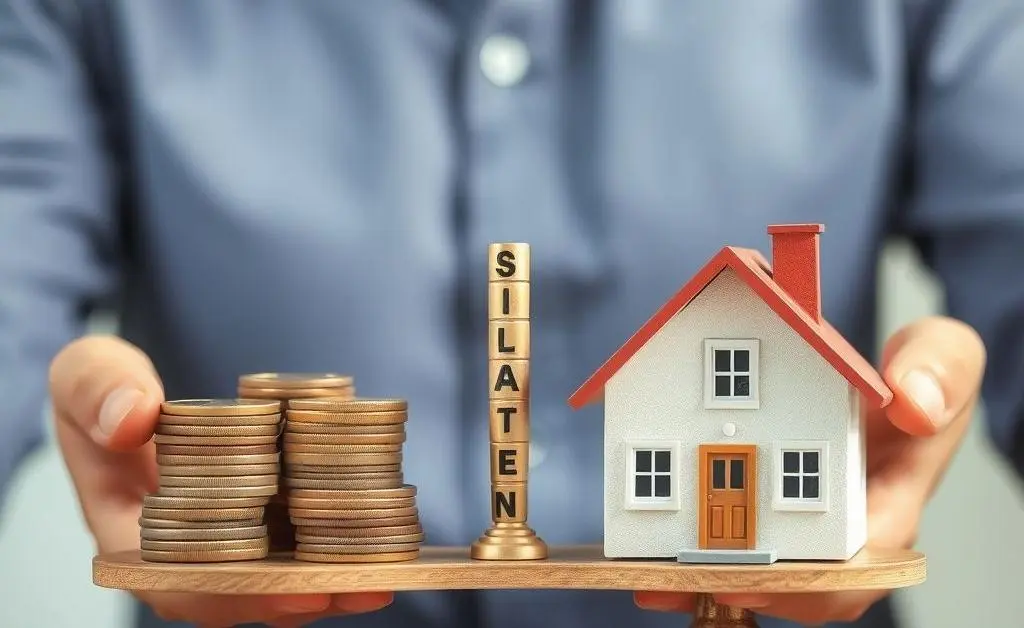 A person weighing options with coins on one side and a miniature house on the other