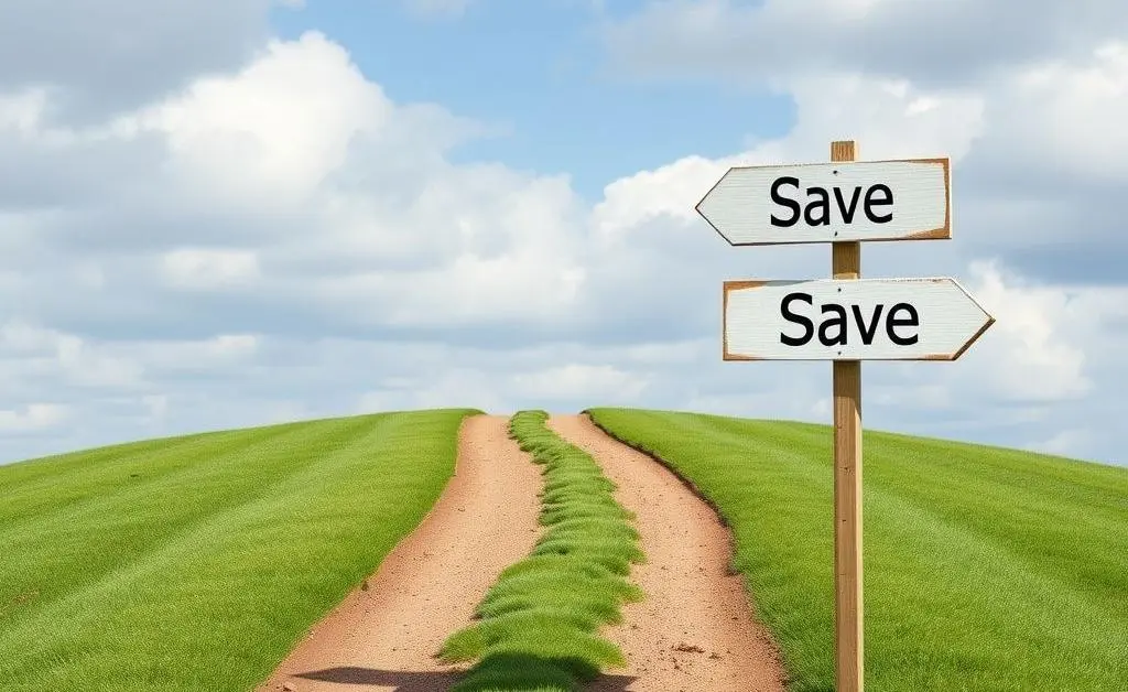 A path diverging into two, symbolizing decision-making with signposts labeled 'Invest' and 'Save'.