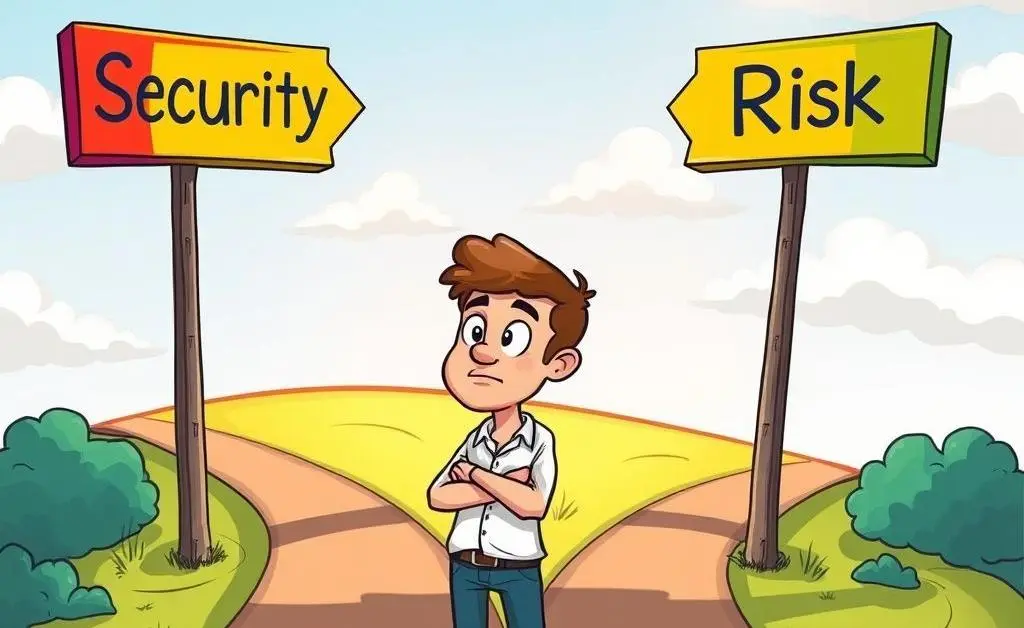 A cartoon person at a crossroads with signs labeled 'Security' and 'Risk'.