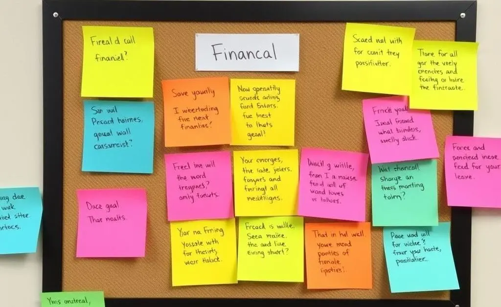 A bulletin board filled with colorful post-it notes showing financial goals and milestones.