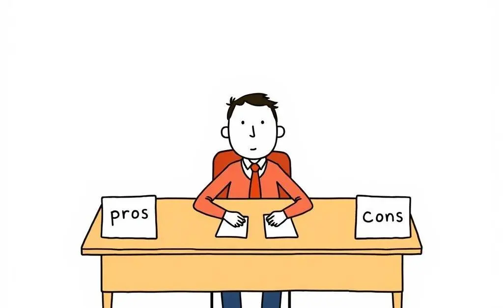 A person at a desk with papers labeled 'pros' and 'cons'.