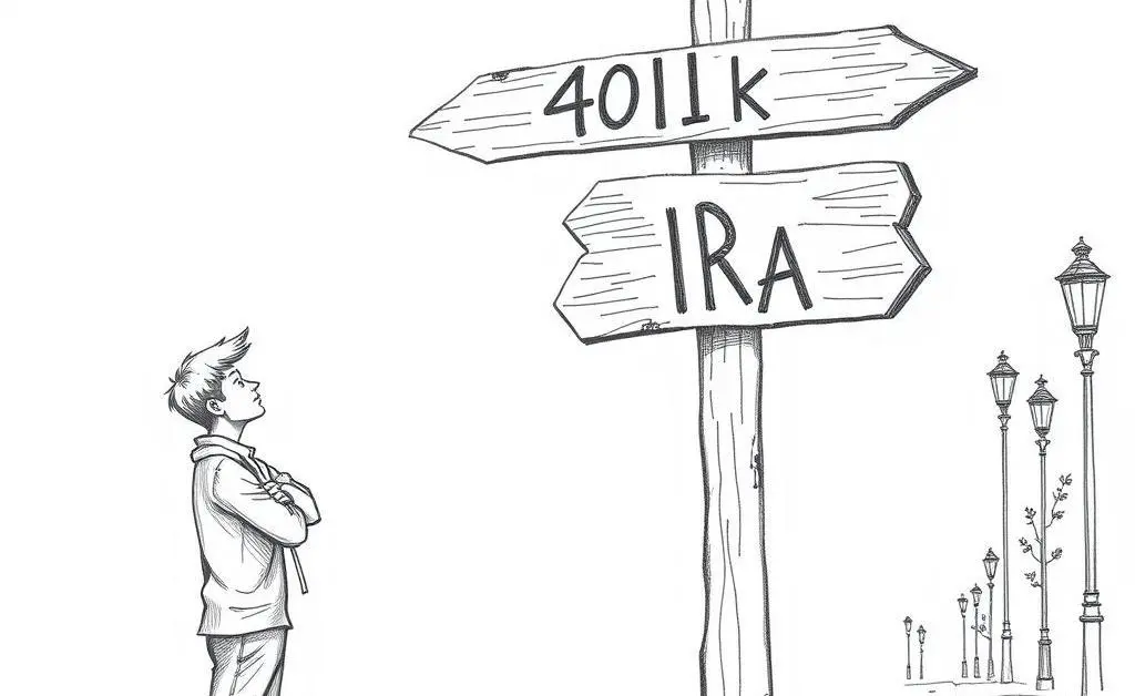 Hand-drawn image of a person at a signpost with arrows pointing to '401k' and 'IRA'