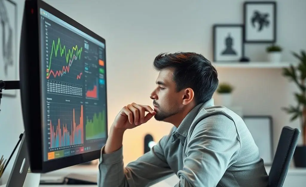 A thoughtful person sitting at a desk, looking at a computer screen with charts.