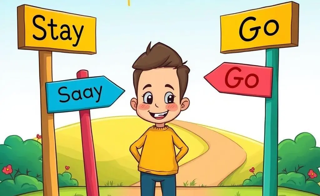 Cartoon-style drawing of a person at a crossroads with signposts reading 'Stay' and 'Go'.