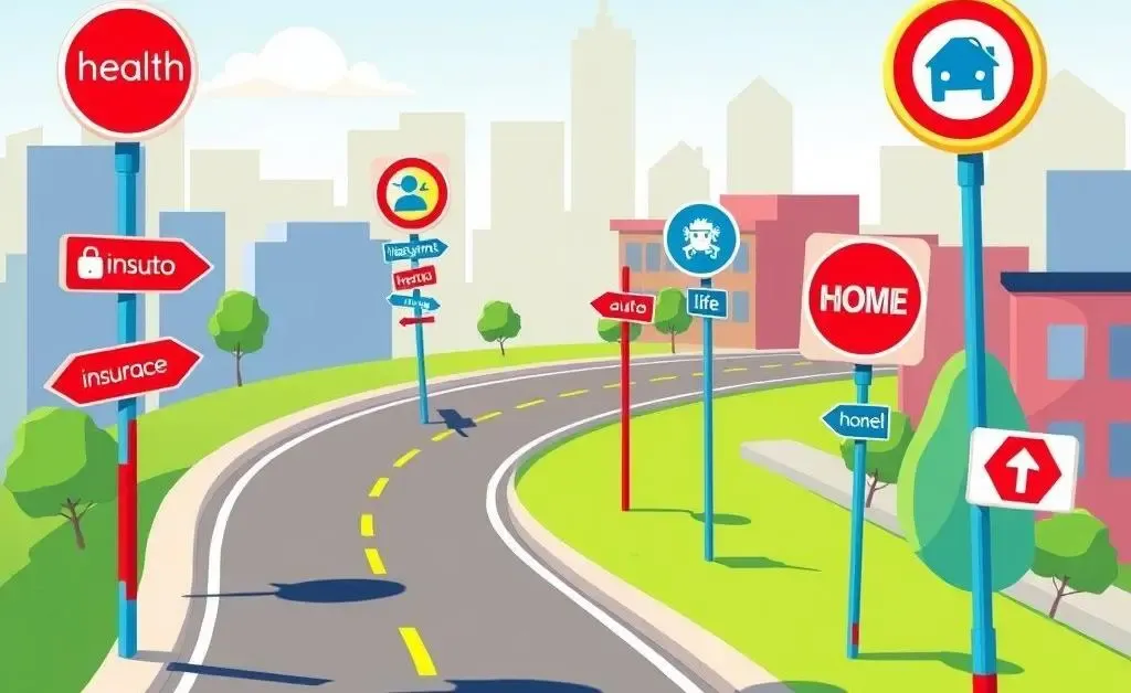 A cartoon road with signs pointing to different insurance options