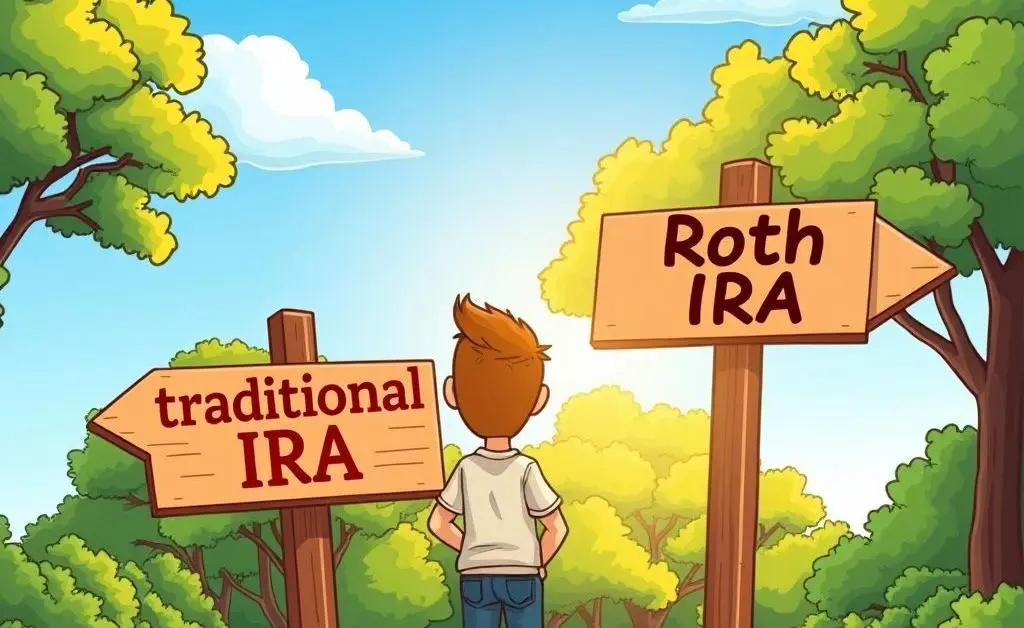 A cartoon of a person standing at a crossroads with signposts indicating 'Traditional IRA' and 'Roth IRA'