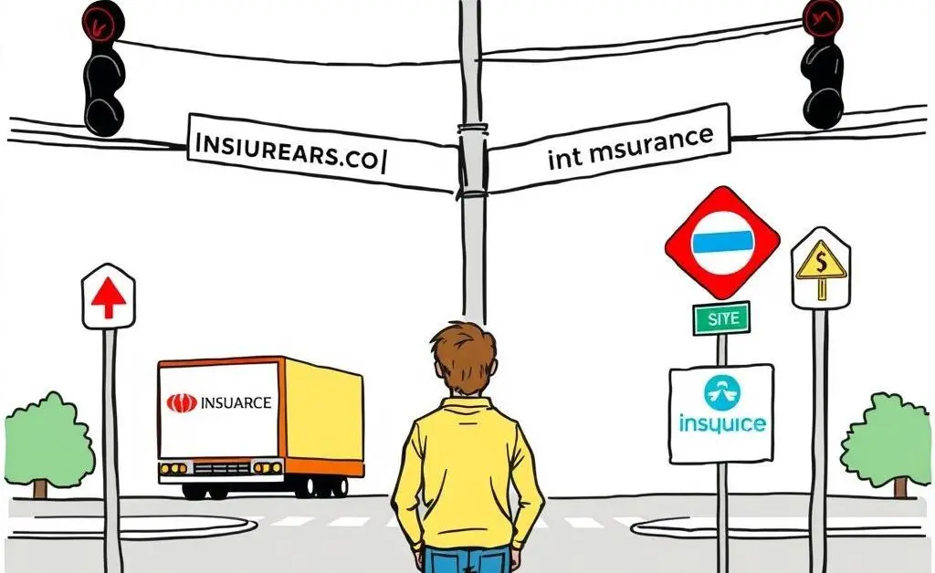 A person at an intersection with insurance logos as street signs