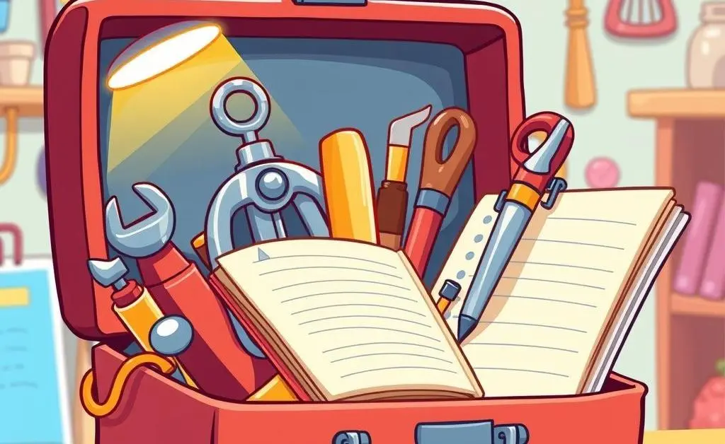 A cartoon-style toolkit with a compass, notepad, and pen