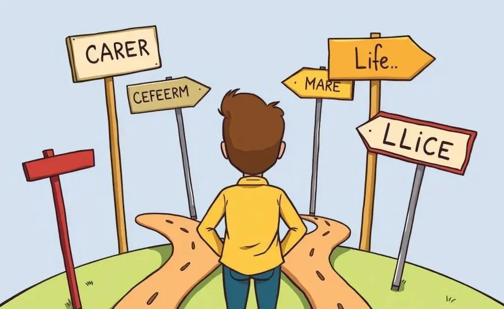 Cartoon-style depiction of a person standing at intersecting paths with signs leading to different career and life choices