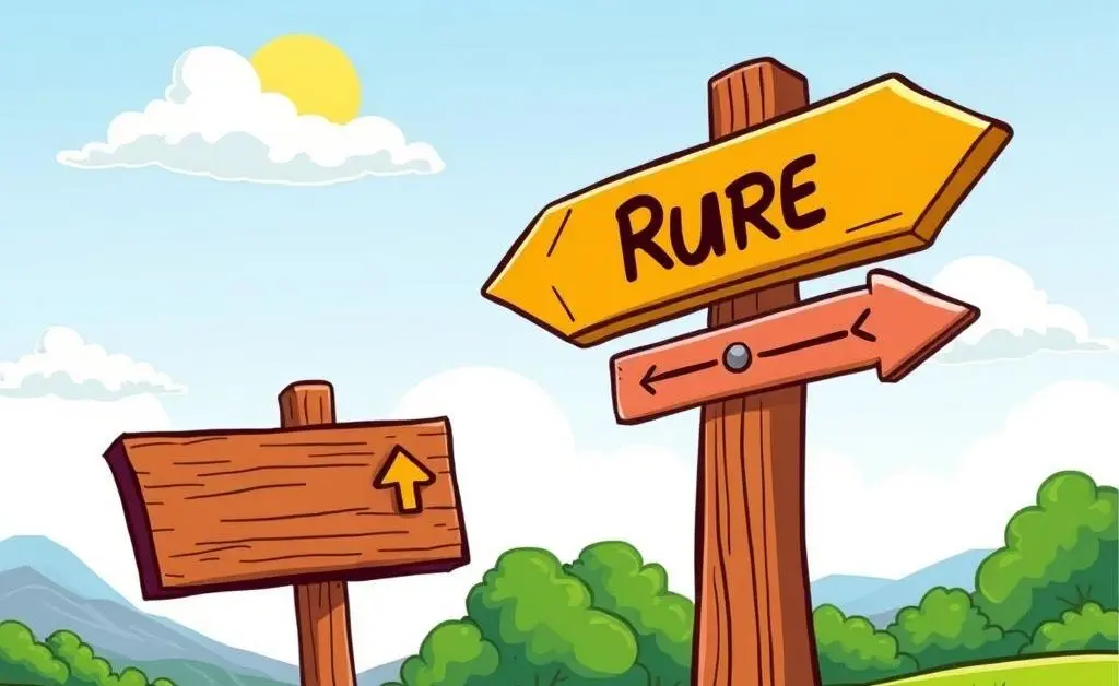 A cartoon-style road sign at a fork in the road