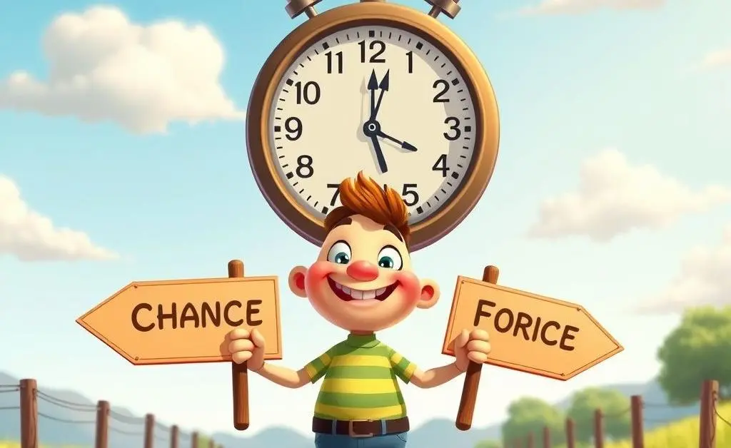 Cartoon character deciding between two paths under a clock