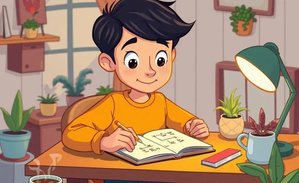 A cartoon-style image of a person sketching a decision tree in a notebook at a cozy desk.