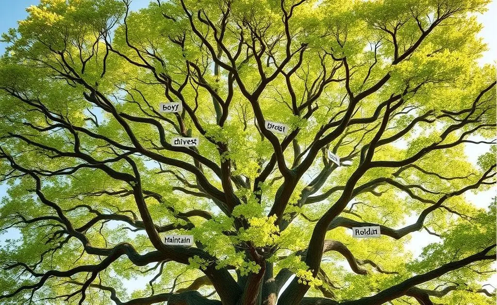 A tree with different branches labeled with financial decision options like 'buy', 'sell', 'hold'.