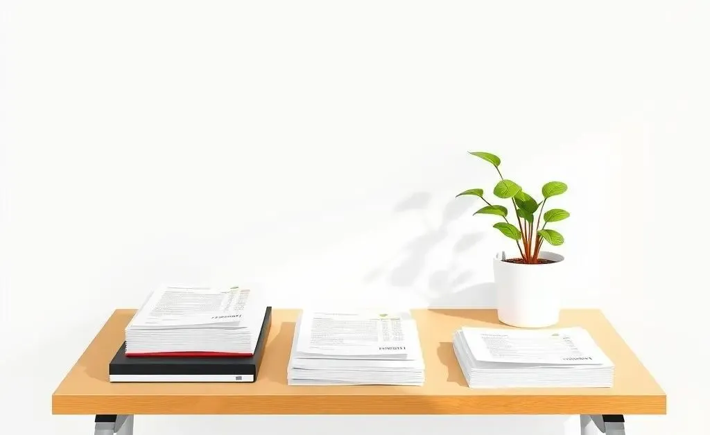 Illustration showing a decluttered desk with organized financial documents and a plant.