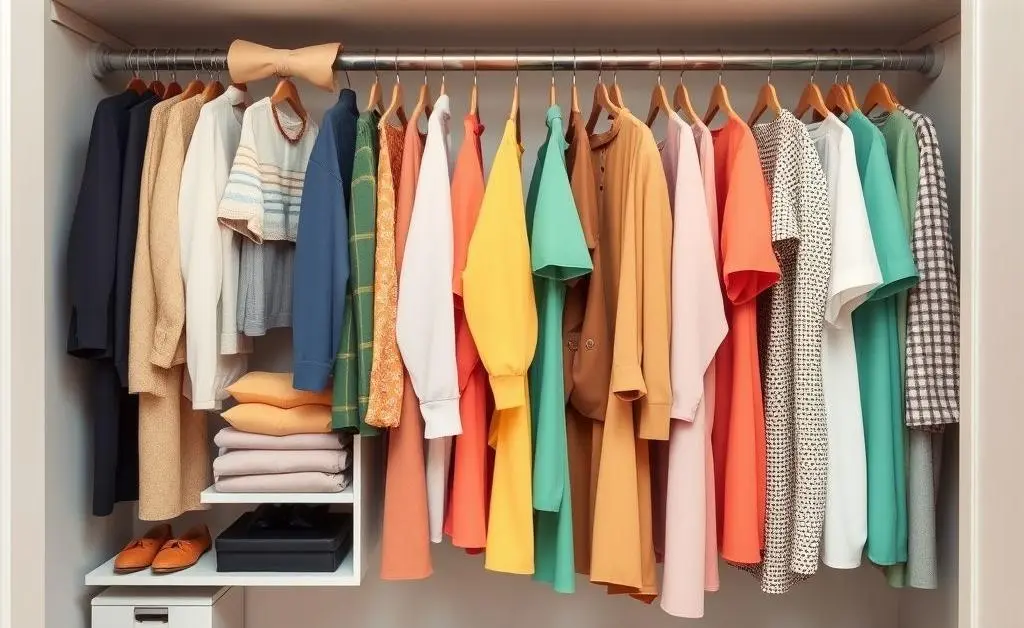 An organized closet with only a few color-coordinated clothes and shoes neatly placed.