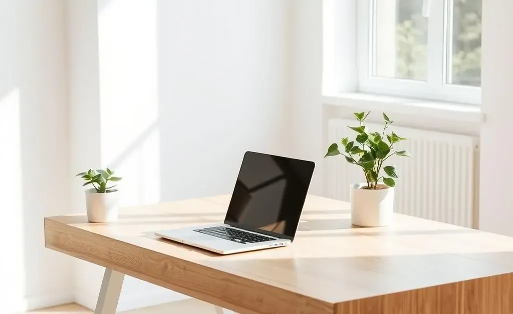An organized and decluttered desk with a laptop, a plant, and no clutter
