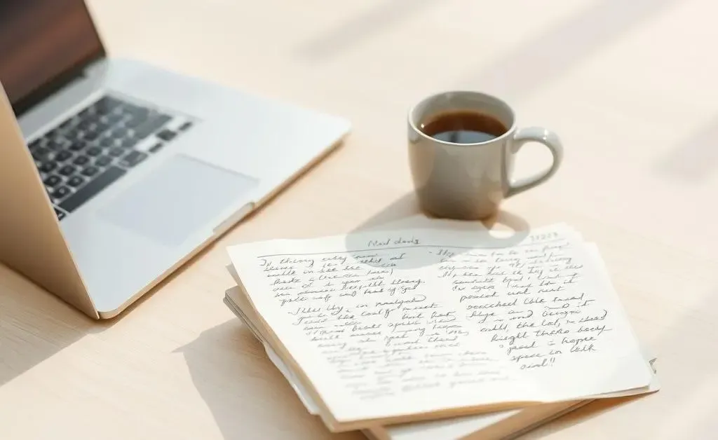 A clean, decluttered desk with a laptop, a notepad, and a coffee cup