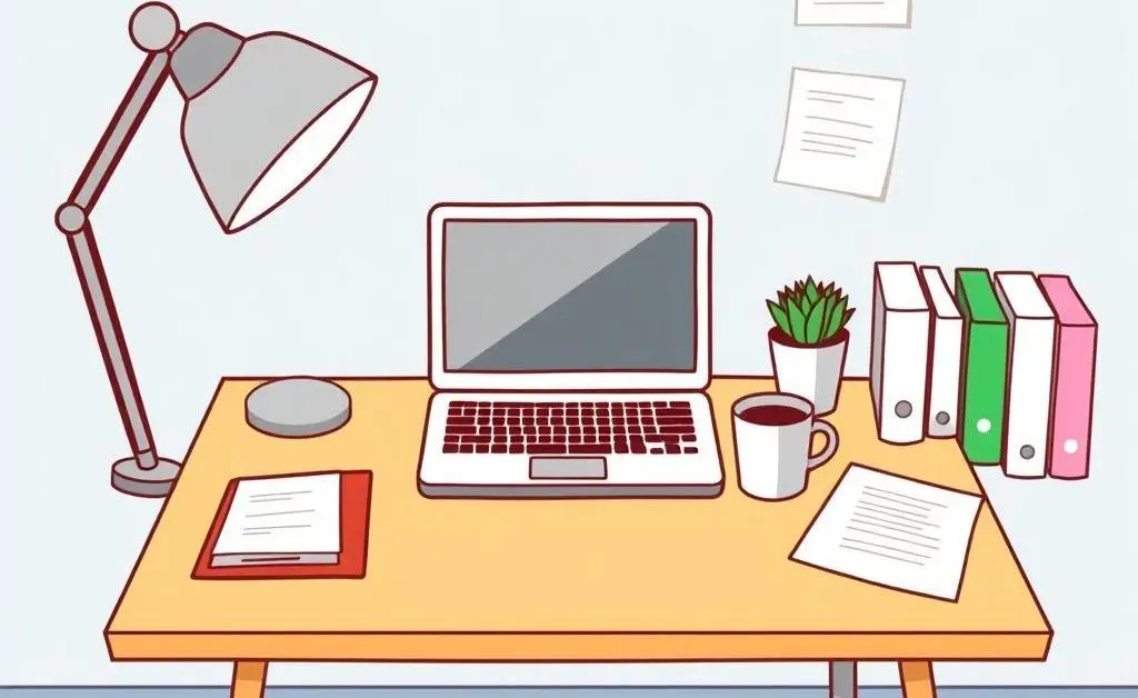 Cartoon-style image of a clean and organized desk with a laptop and a coffee cup.
