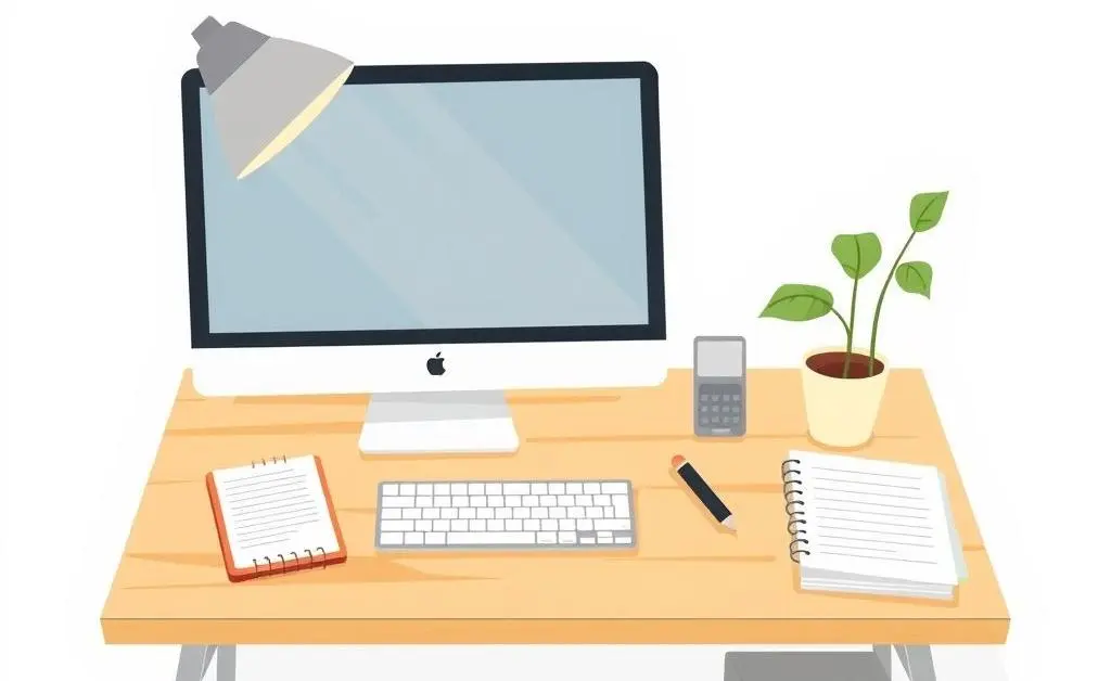 A decluttered home office desk with a computer and a plant