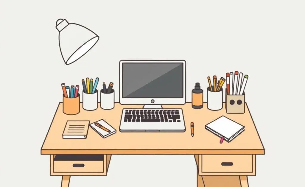 A minimalist cartoon of a desk with organized stationery, laptop, and notebook.