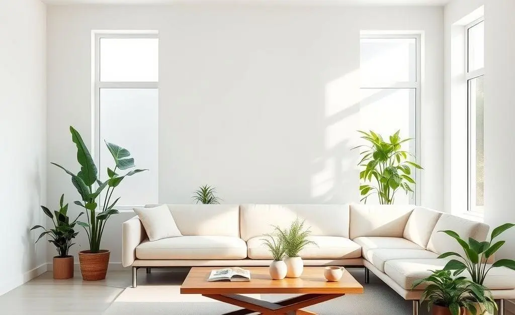 A bright, minimalist living room with only a sofa, coffee table, and a few plants.