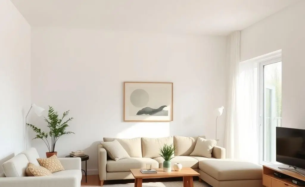 A tidy living room with minimal furniture and plenty of light
