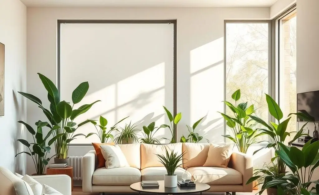 A tidy living space with clean lines, a cozy sofa, and plants.