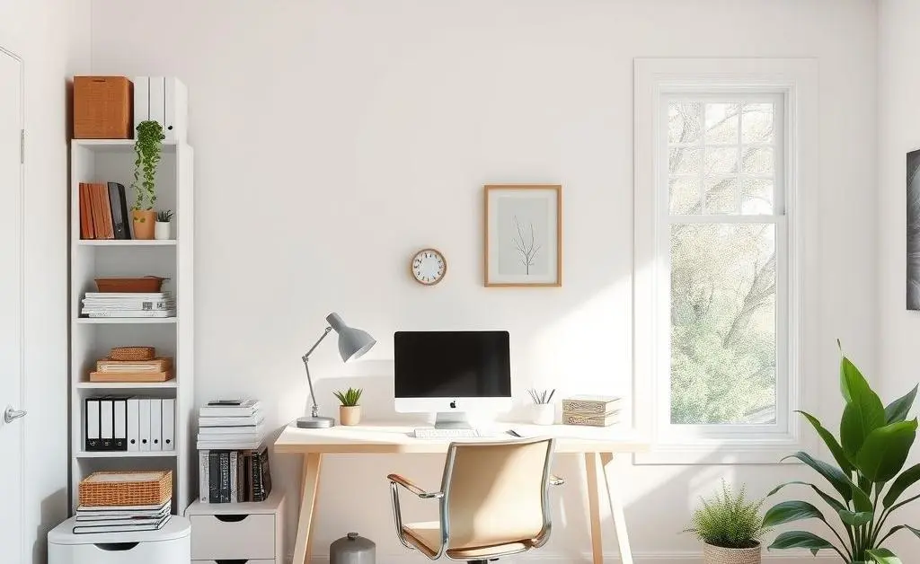 An organized, minimalist home office setup with natural light.