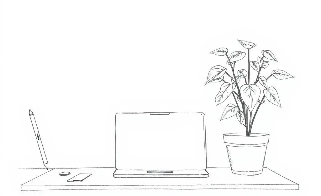 A decluttered workspace with a laptop and plant