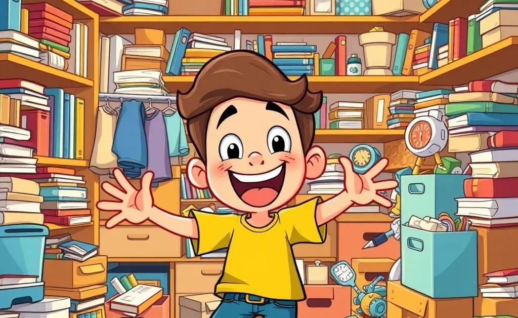A cartoon person enthusiastically decluttering a room filled with various items.