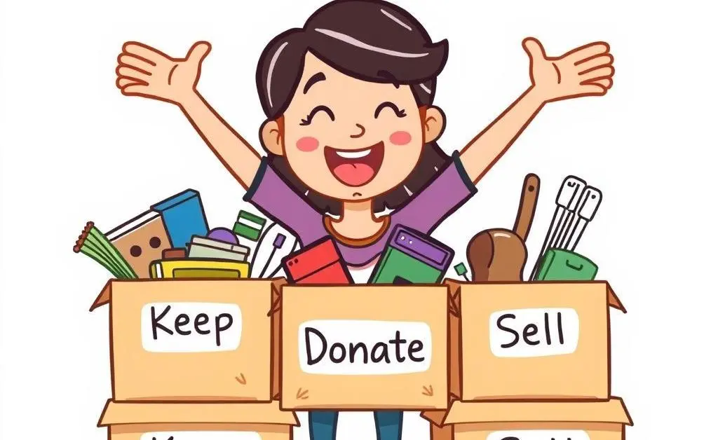 A cartoon-style image of a person enthusiastically sorting items into boxes labeled 'Keep', 'Donate', and 'Sell'