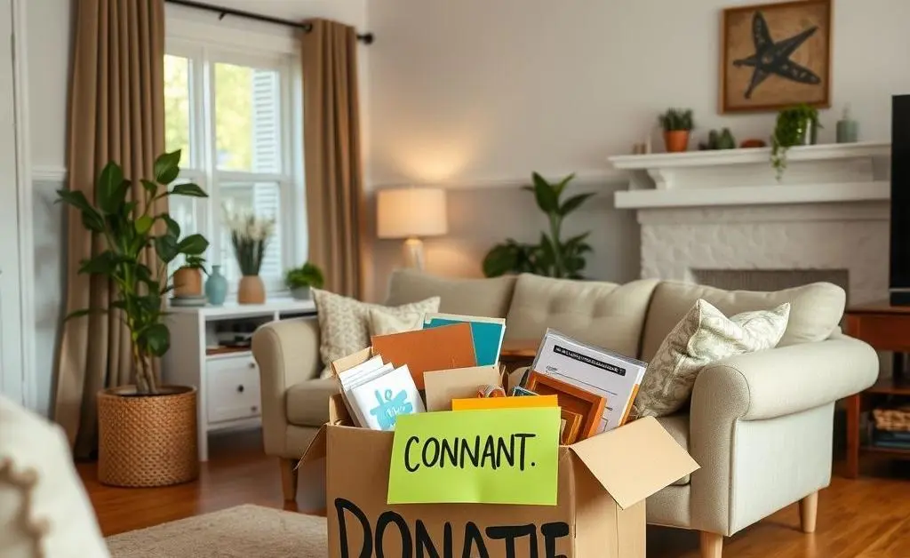 A cozy living room with a box of items ready for donation