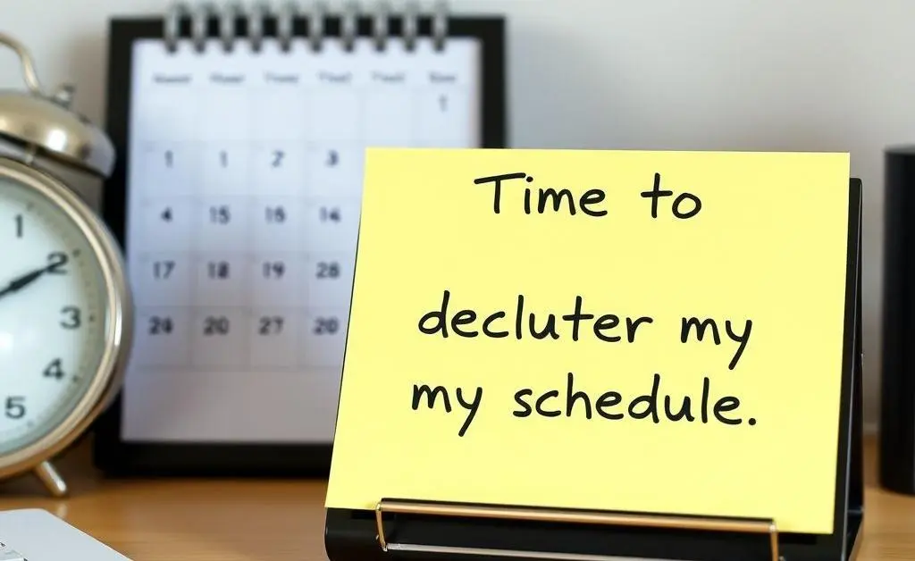 A desk with a clock, calendar, and note reading 'Time to declutter my schedule.'