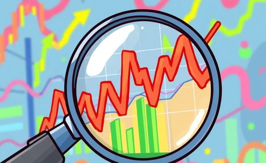 A magnifying glass over a colorful stock chart