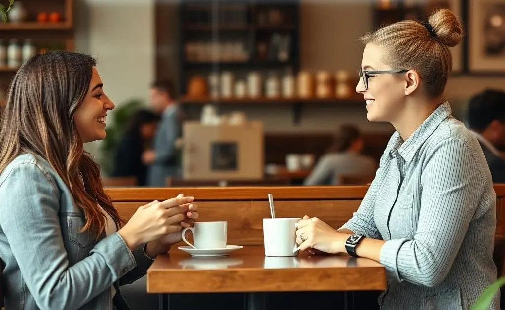 Two friends chatting comfortably at a coffee shop, with visible mortgage documents
