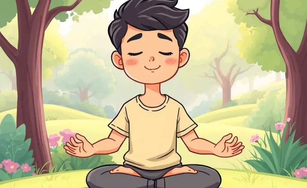 A cartoon character practicing deep breathing exercises in a serene outdoor setting.