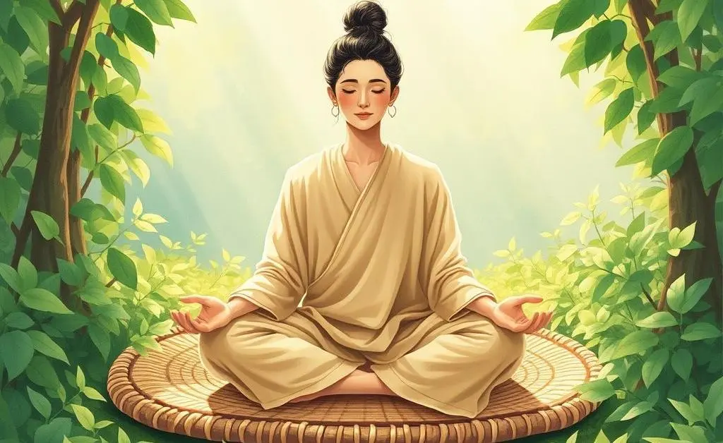 Person practicing meditation amidst plants