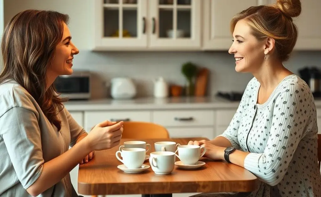 Two friends having a warm, heartfelt conversation over tea at a kitchen table.