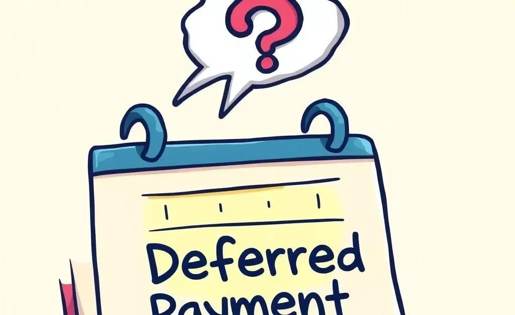 Cartoon-style image of a calendar showing a highlighted 'Deferred Payment Date' with a thought bubble above, containing a question mark.