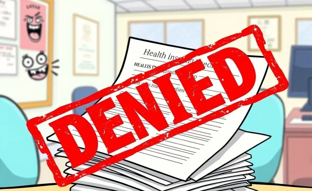 A large 'denied' stamp on health insurance forms
