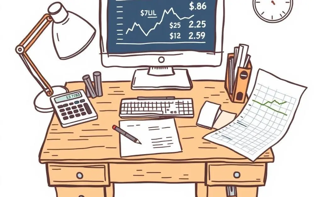 Desk with financial tools like a calculator and stock prices on screen