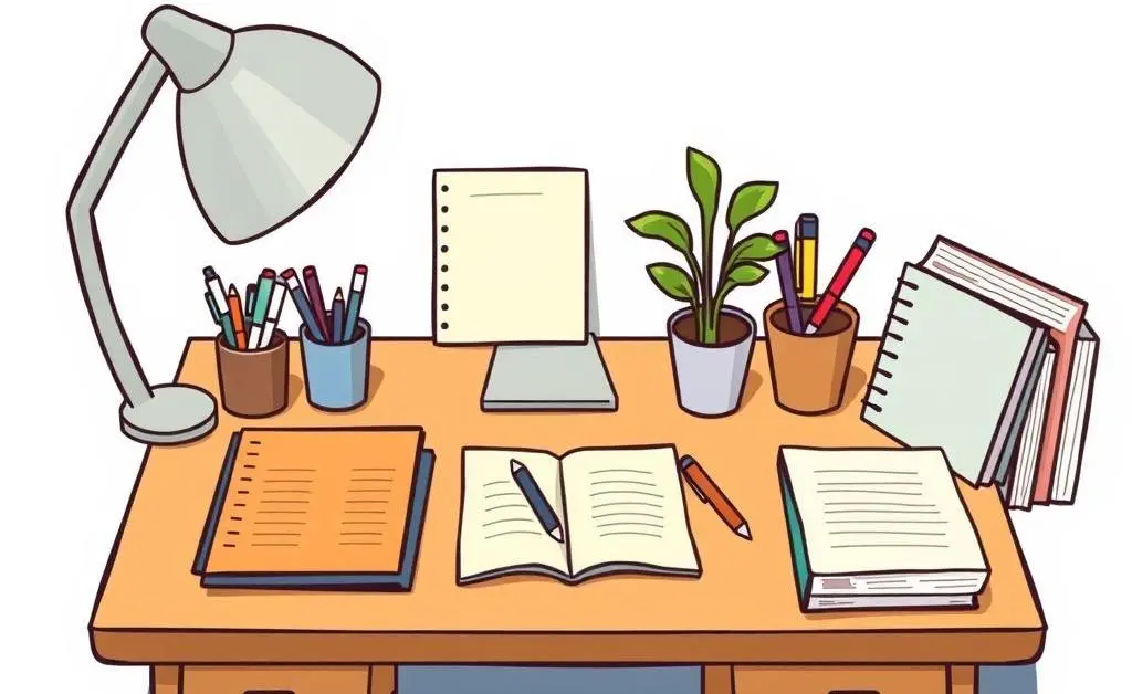 An organized desk with notebooks, pens, and a potted plant.