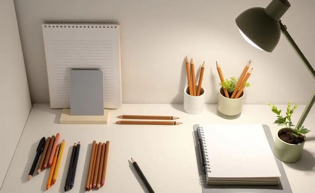 A neatly organized desk with stationery and a small plant on one side.