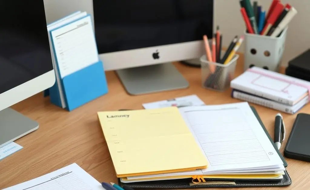 An organized desk with planners and a computer, illustrating an efficient work space