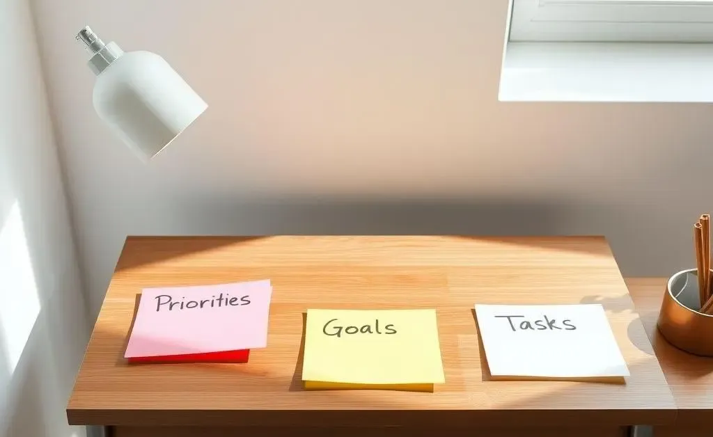 A neatly organized desk with notes labeled 'Priorities', 'Goals', and 'Tasks'.