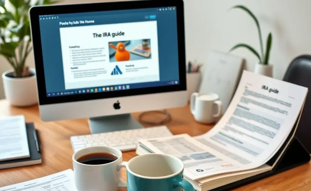 A cozy home desk with financial documents, a coffee cup, and a computer displaying an IRA guide