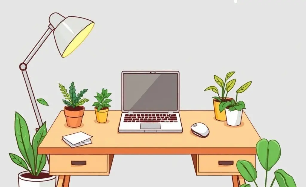 A tidy desk with calming plants and a laptop.